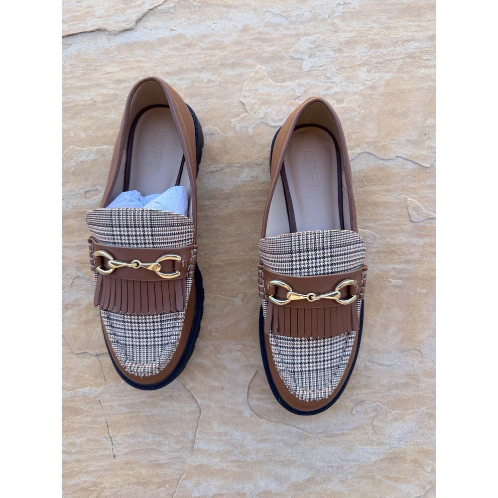 LOFT Women’s Shoes horse bit loafers Houndstooth Brown White Slip-On sz 9 LS